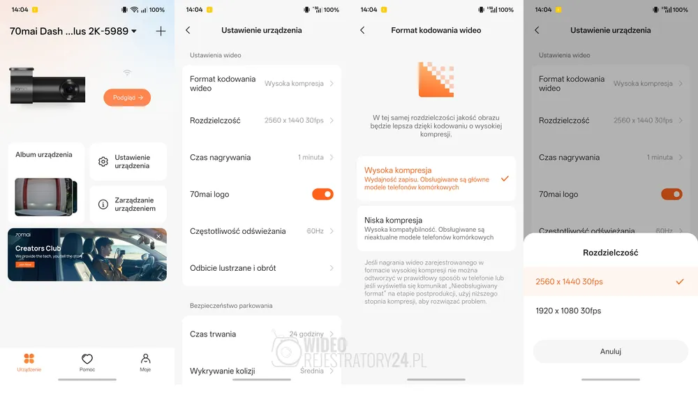 ustawienia jakości nagrań w kamerze samochodowej 70mai m310 plus 2k